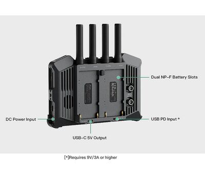 Accsoon CineView M7 Pro különböző energiaellátási opciók: NP-F akkumulátor (nem tartozék), USB-C gyorstöltés, illetve USB-C más eszközök töltéséhez