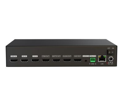 AVmatrix KM32-4K Chroma Key Master hátoldali interfészek: 3x HDMI bemenet, 4x HDMI kimenet, Audio bemenet, Tally bemenet, LAN (PoE), DC csatlakozás