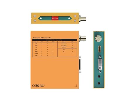 AVMatrix UC7018 hátoldala, és oldalnézetei a DIP kapcsolókkal és interfészekkel