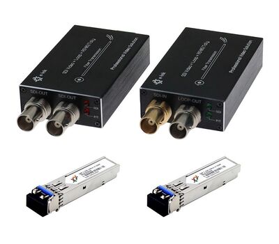 E-Link 1-csatornás 3G-SDI optikai konverter vevő (bal) 2x3G-SDI kimenettel és adó (jobb) 1x3G-SDI bemenettel és 1x3G-SDI loop-out - SFP modulokat tartalmaz