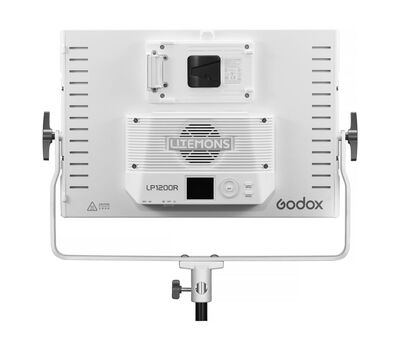 Godox Litemons LP1200R RGB LED panel hátoldala: V-lock akku hátfal (akku nem tartozék), alatta a kijelző és a vezérlők