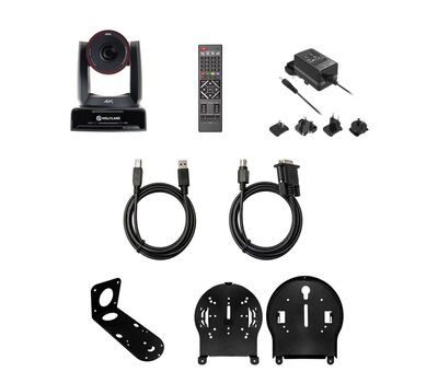 Astra P1 csomag tartalma: robotkamera, távirányító, hálózati adapter, USB-B to USB-A kábel, RS232 kábel, és fali- vagy mennyezeti konzol