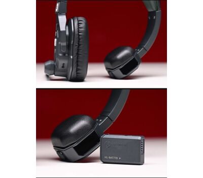 Solidcom SE Pro Headset használható a tartozék újratölthető, cserélhető akkumulátorról alsó képen) vagy a füles oldalán található USB-C porthoz csatlakoztatott power bank-ről (nem tartozék)