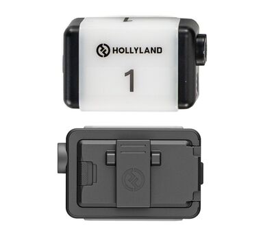 Tally lámpa előlről egy számozott matricával és hátoldala a felnyitható akku rekesszel, csiptetős klippel