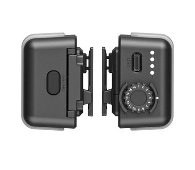 Hollyland Tally lámpa oldalsó ki/be kapcsolóval, ill. USB port, 4x akku töltöttségjelző led, és tally sorszám beállító tárcsa