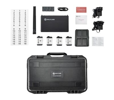 Hollyland 4-csatornás Tally rendszer csomag tartalma: Tally állomás 2x antennával, 4x Tally LED, 2x hálózati adapter kábellel, 4-töltőhelyes töltő, 4x Li-ion akku, USB-A to USB-C kábel, számozott matricák, koffer