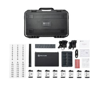 Hollyland 8-csatornás Tally rendszer csomag tartalma: Tally állomás 2x antennával, 8x Tally LED, 2x hálózati adapter kábellel, 8-töltőhelyes töltő, 8x Li-ion akku, USB-A to USB-C kábel, számozott matricák, koffer