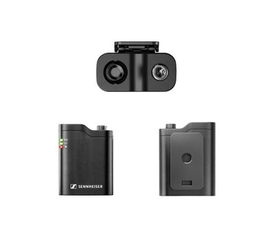 Mikrofonos adó, elülső LED kijelzőkkel és hátoldalán mágneses csiptetővel a ruhán való rögzítéshez, felső képen: szőrmók rögzítő hely a mikrofonon (balra) és zárható TRS csatlakozó (jobbra)