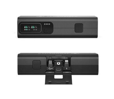 Többfunkciós töltőnyél a behelyezett vevővel (felső kép) és a hátoldali tárolóhely az adapterekkel, USB-C bemenet a töltéshez (alsó kép)