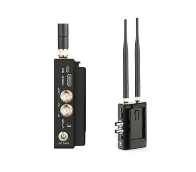 Flow10K jeladó (Tx): kinagyított képen a SDI/HDMI be-/kimenetek, DC csatlakozó, USB port, és a jobb oldali teljes képen a hátoldali NP-F DV akkumulátor hátfal
